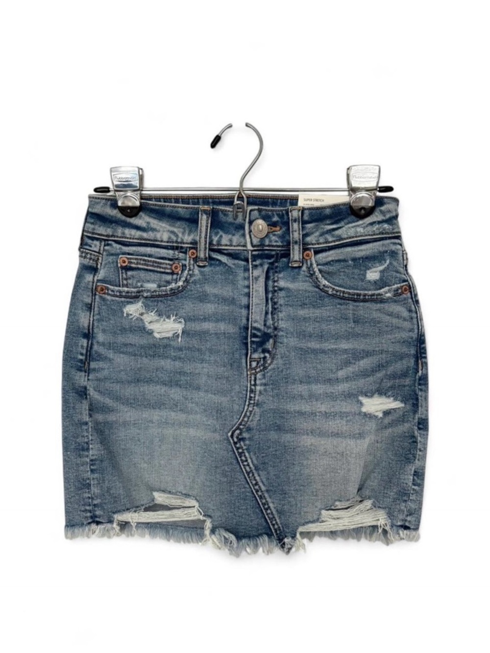 NWT American Eagle High Rise Mini Denim Skirt Size 2/26 Distressed Super Stretch